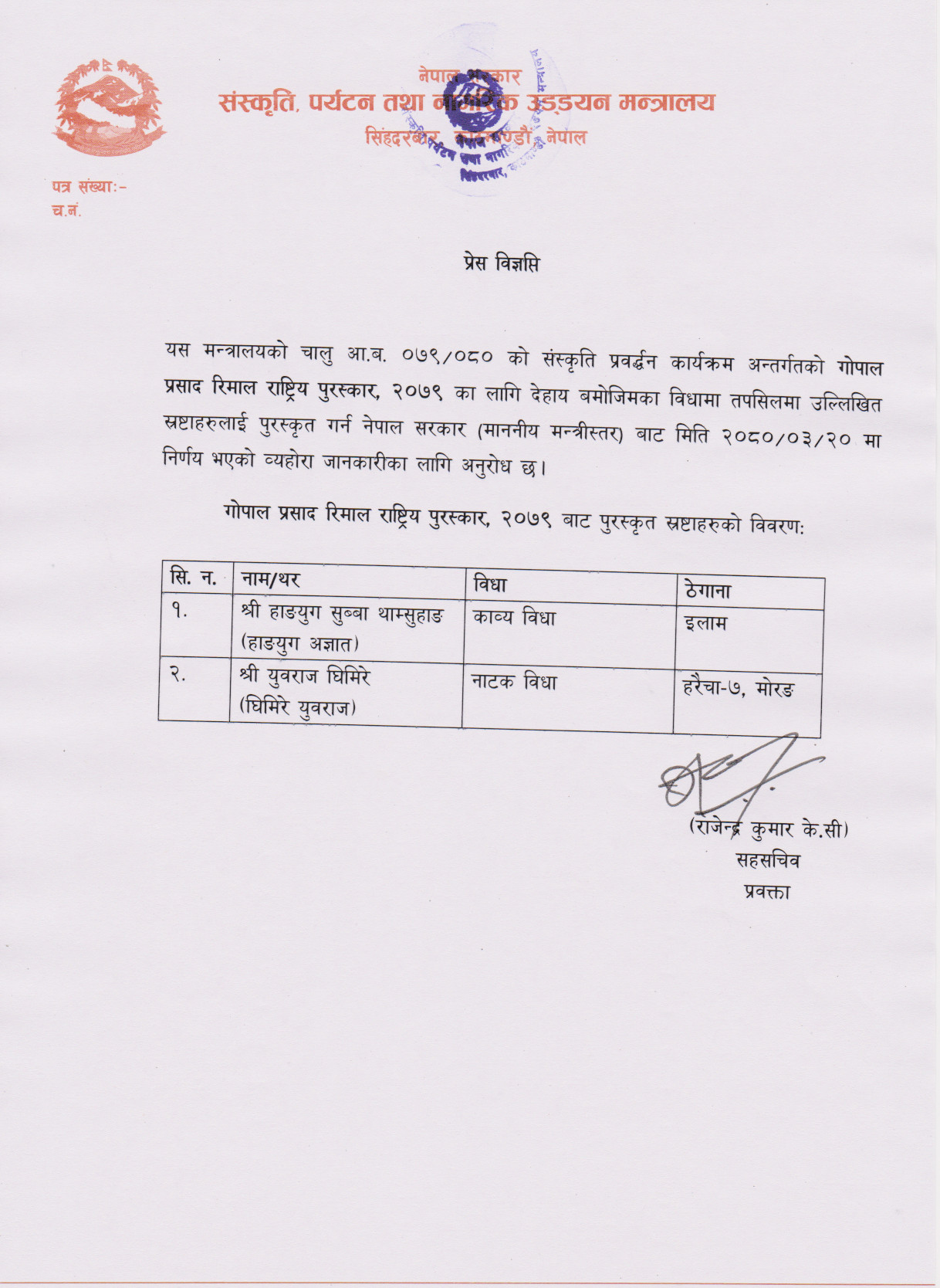 गोपाल प्रसाद रिमाल राष्ट्रिय पुरस्कार-२०७९
